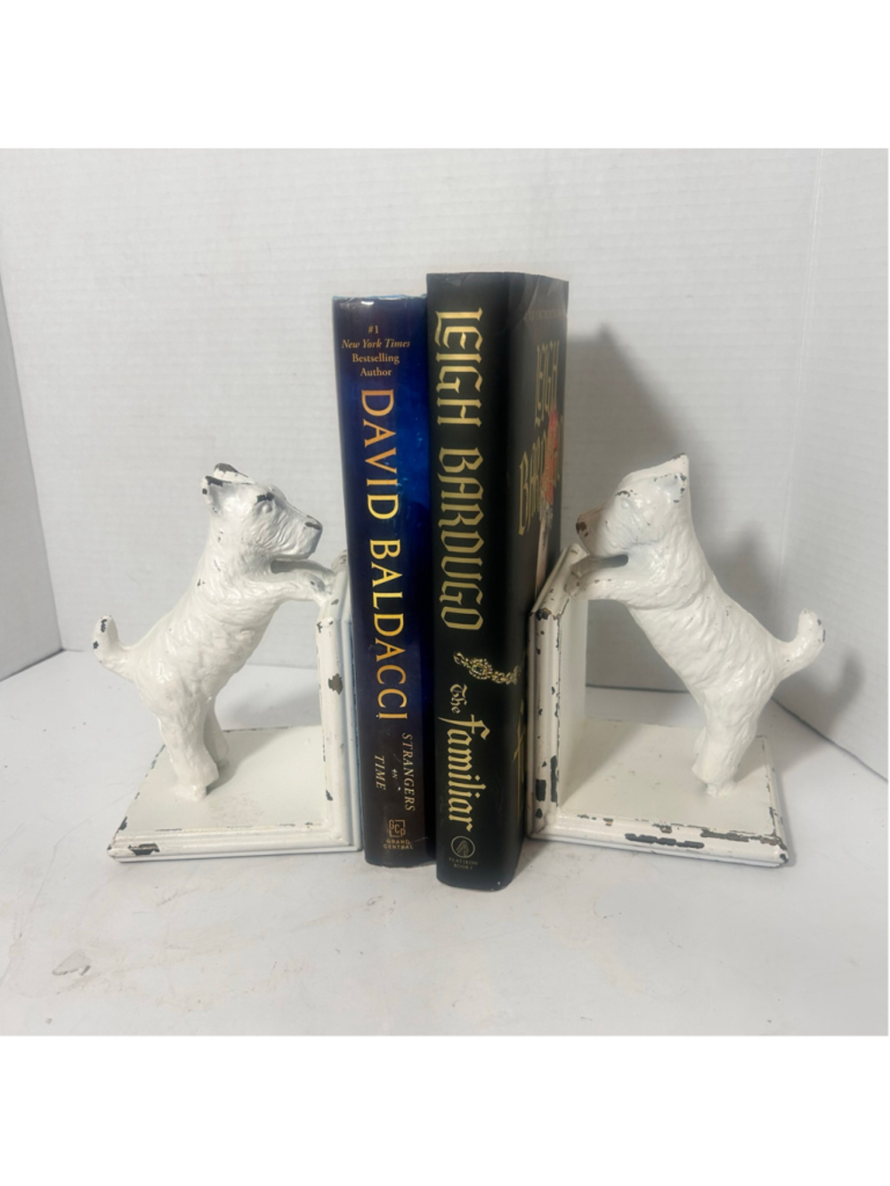 Vintage White Cast Iron Scottish Terrier Dog Bookends Set Distressed Rustic
